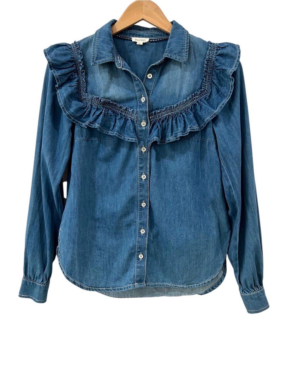Pilcro Ruffled Chambray Denim button down Shirt XS blue western boho